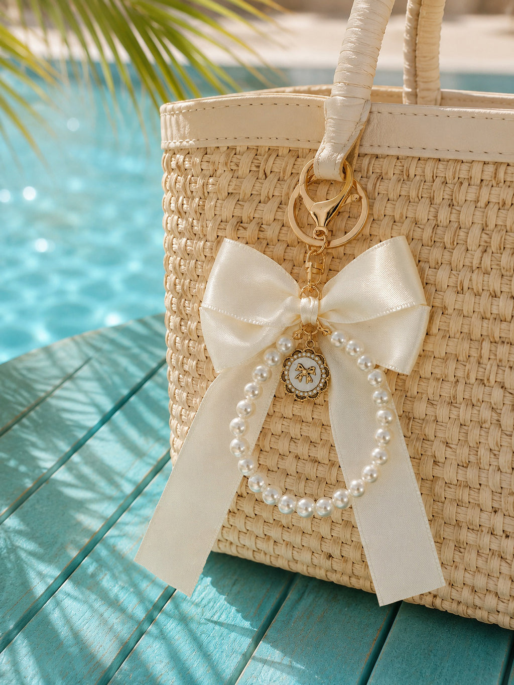 Ivory bow keychain with faux pearl strand | KCA051-05 | image 2