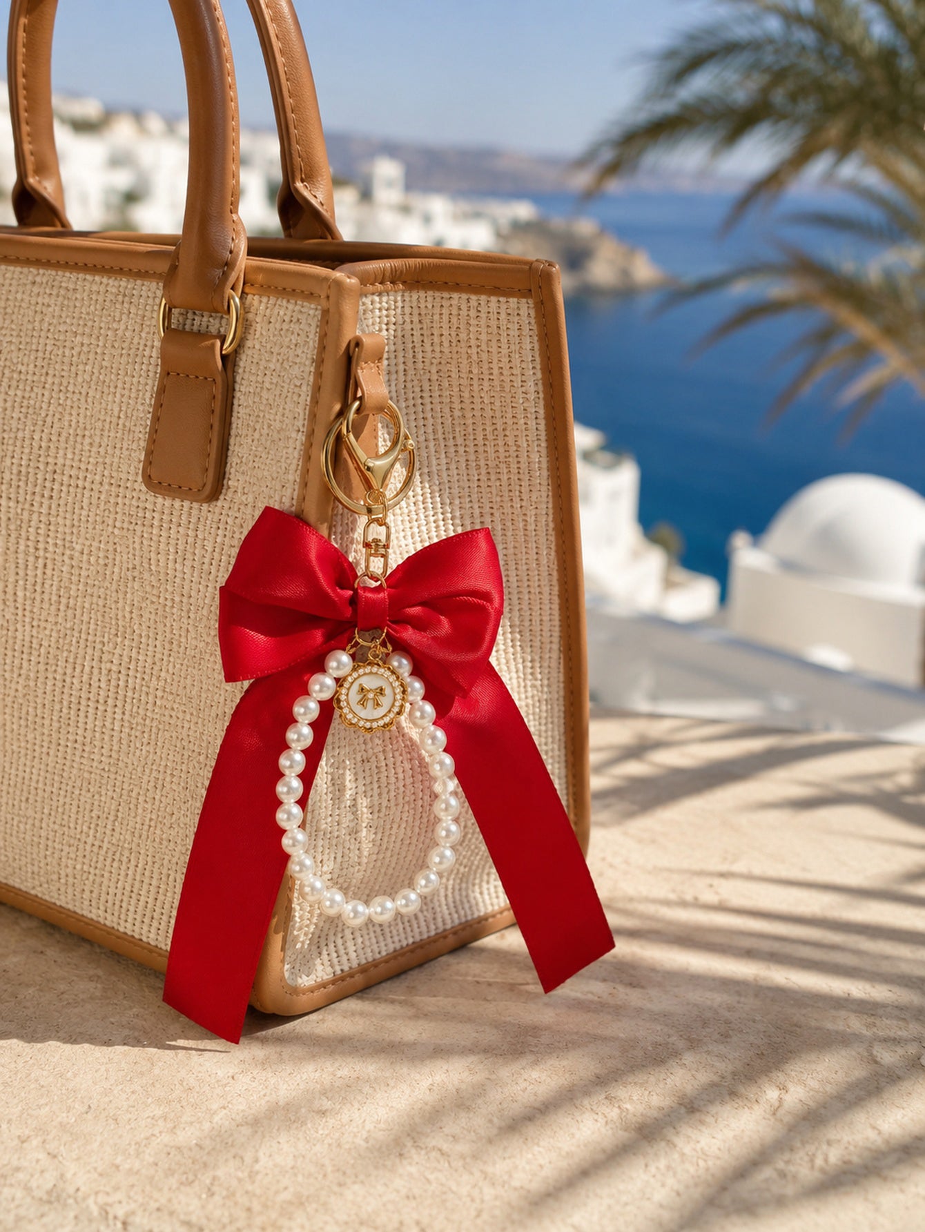 Red bow keychain with faux pearl strand | KCA051-02 | image 2