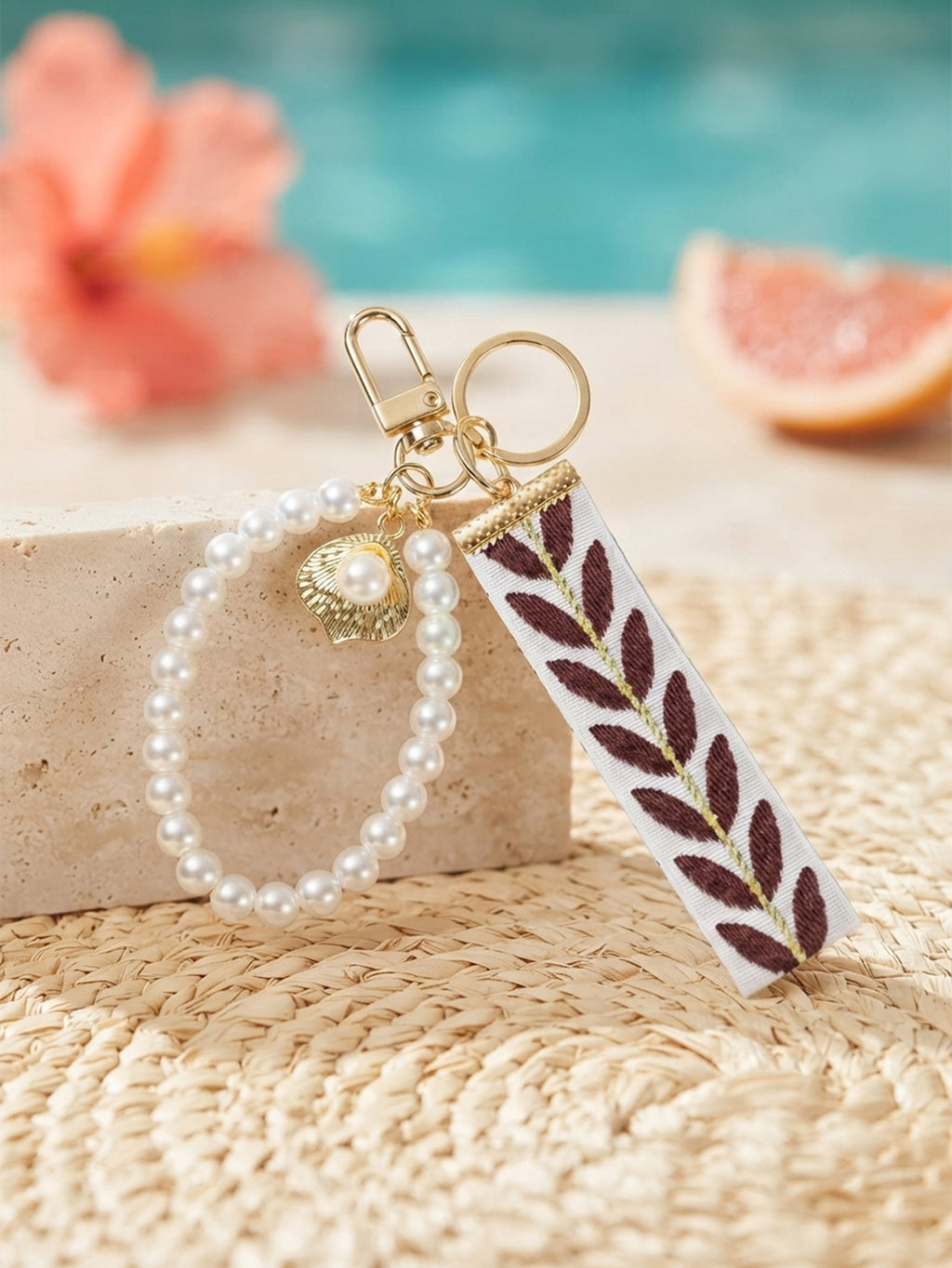 Ribbon keychain with woven detail and faux pearls | KCA055-03 | image 2