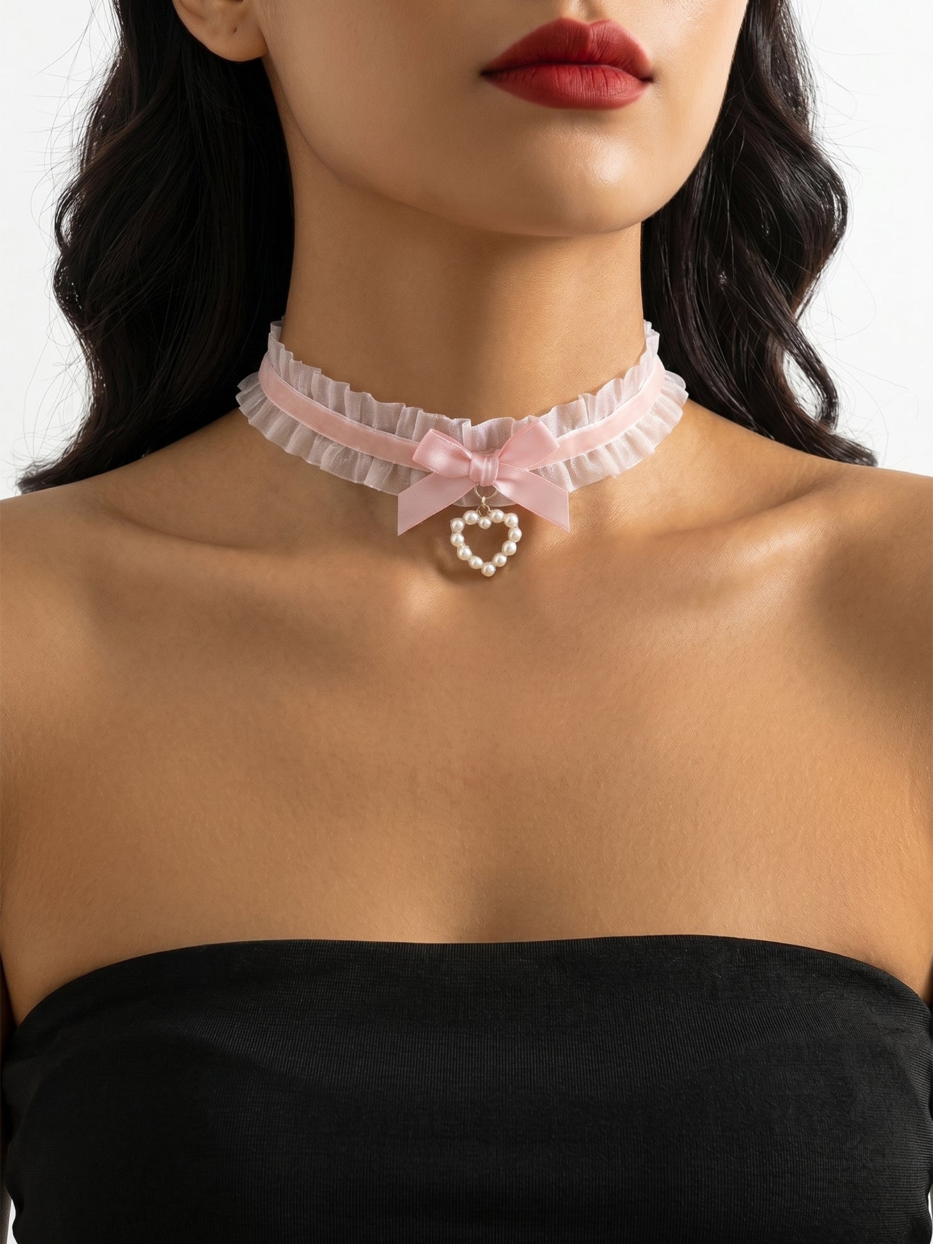 Pink Lace Bow Pearl Necklace with polyester fabric | NA866-03 | image 2