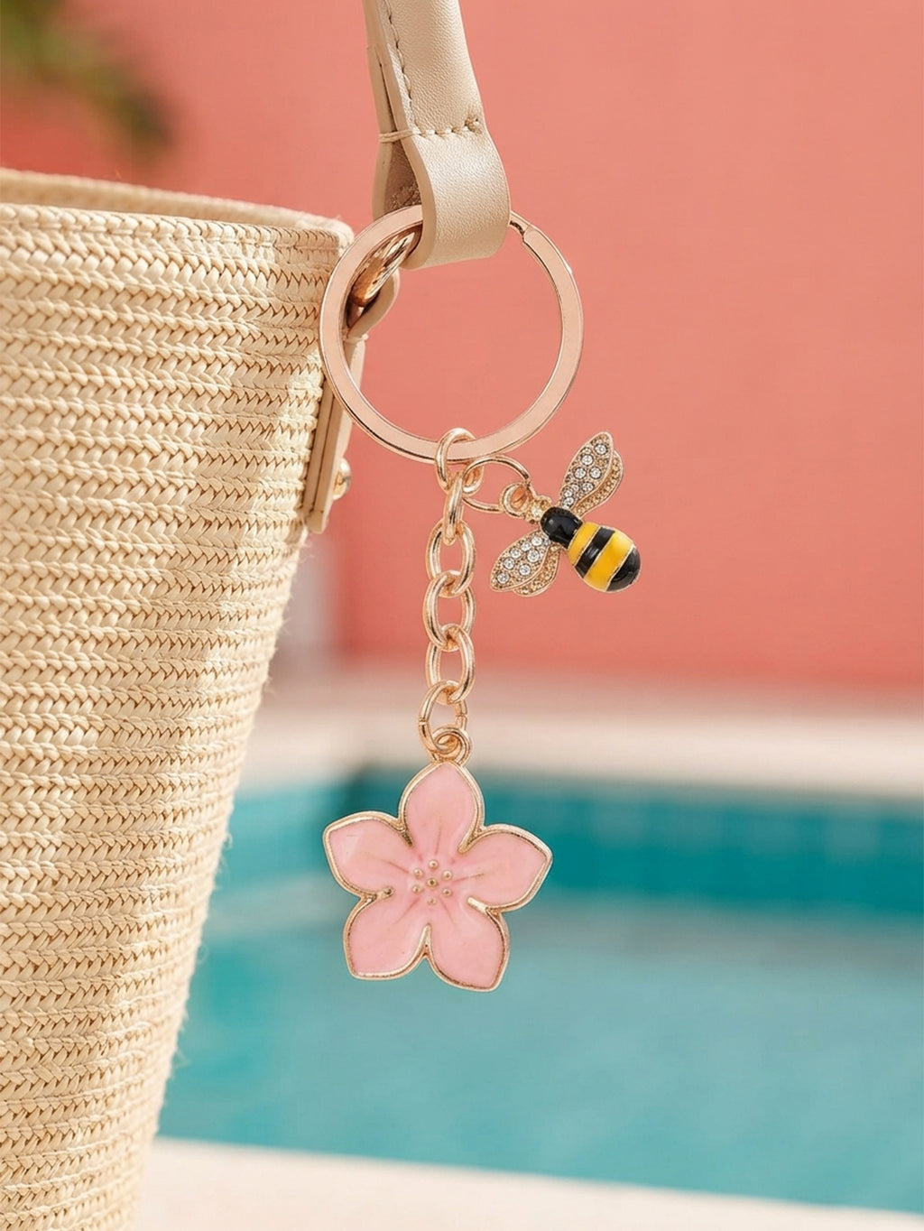 Pink cherry blossom keychain with bee accent | KCA070-08 | image 2