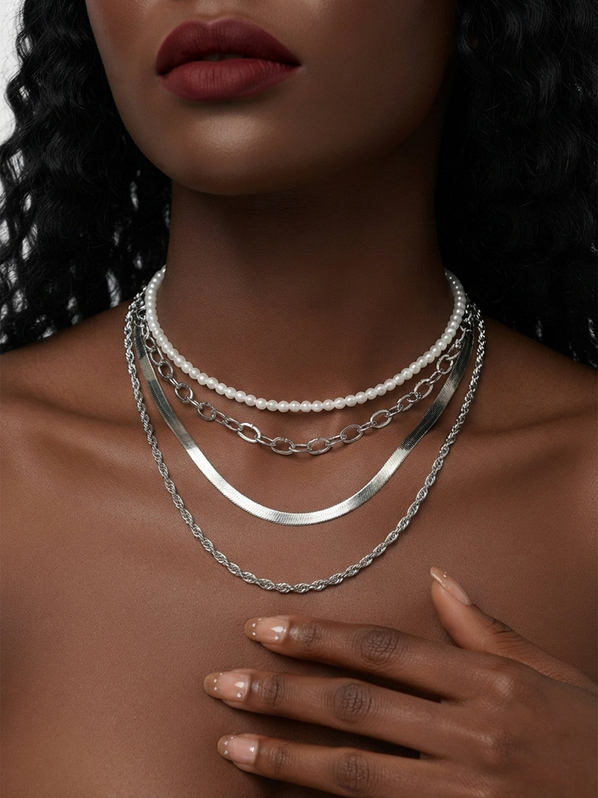 Four Layer Faux Pearl Chain Necklace with zinc-alloy hardware | NA490-01 | image 2