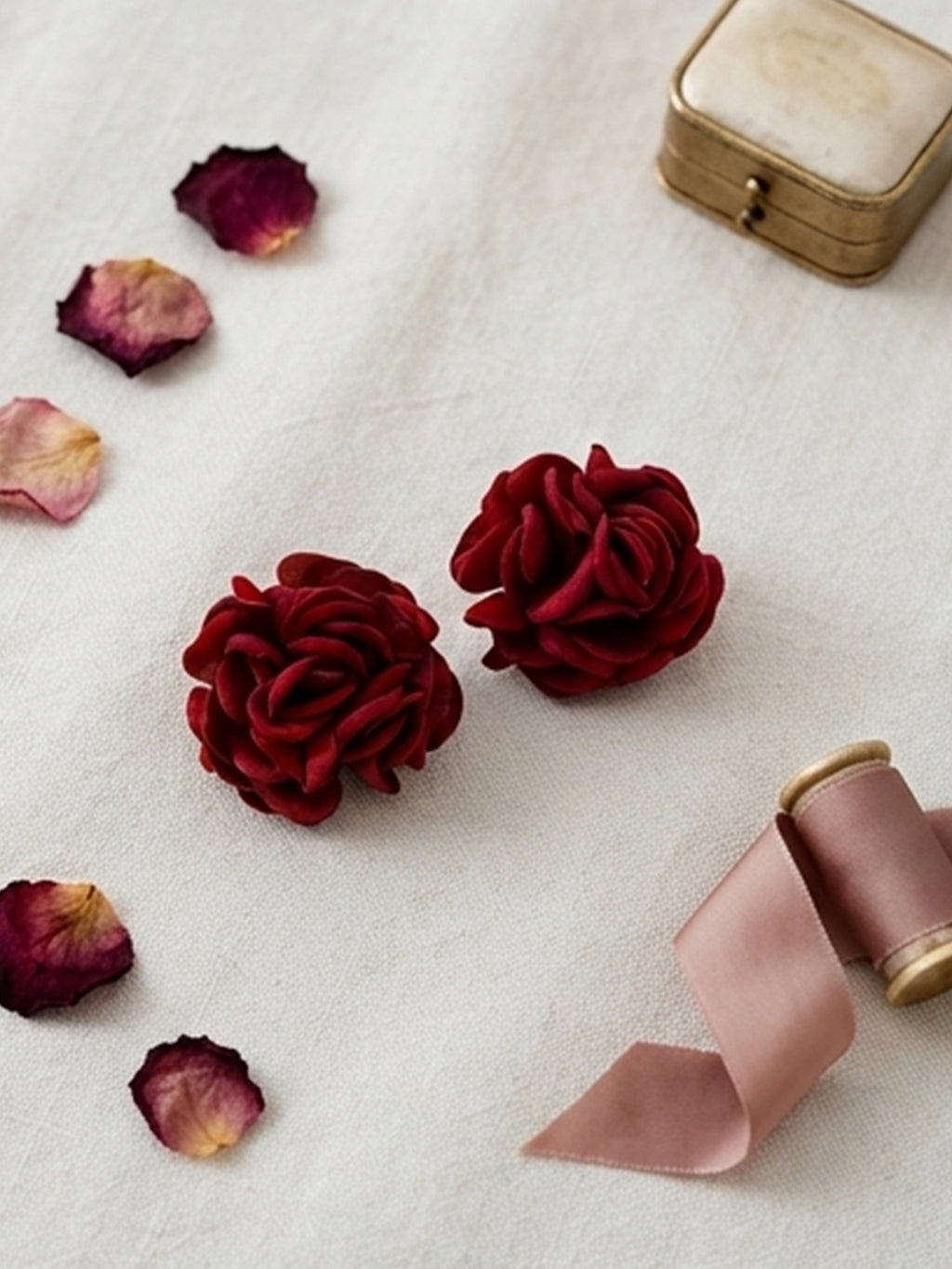 Burgundy flocked rose stud earrings with fabric petals | ERA649-01 | image 2