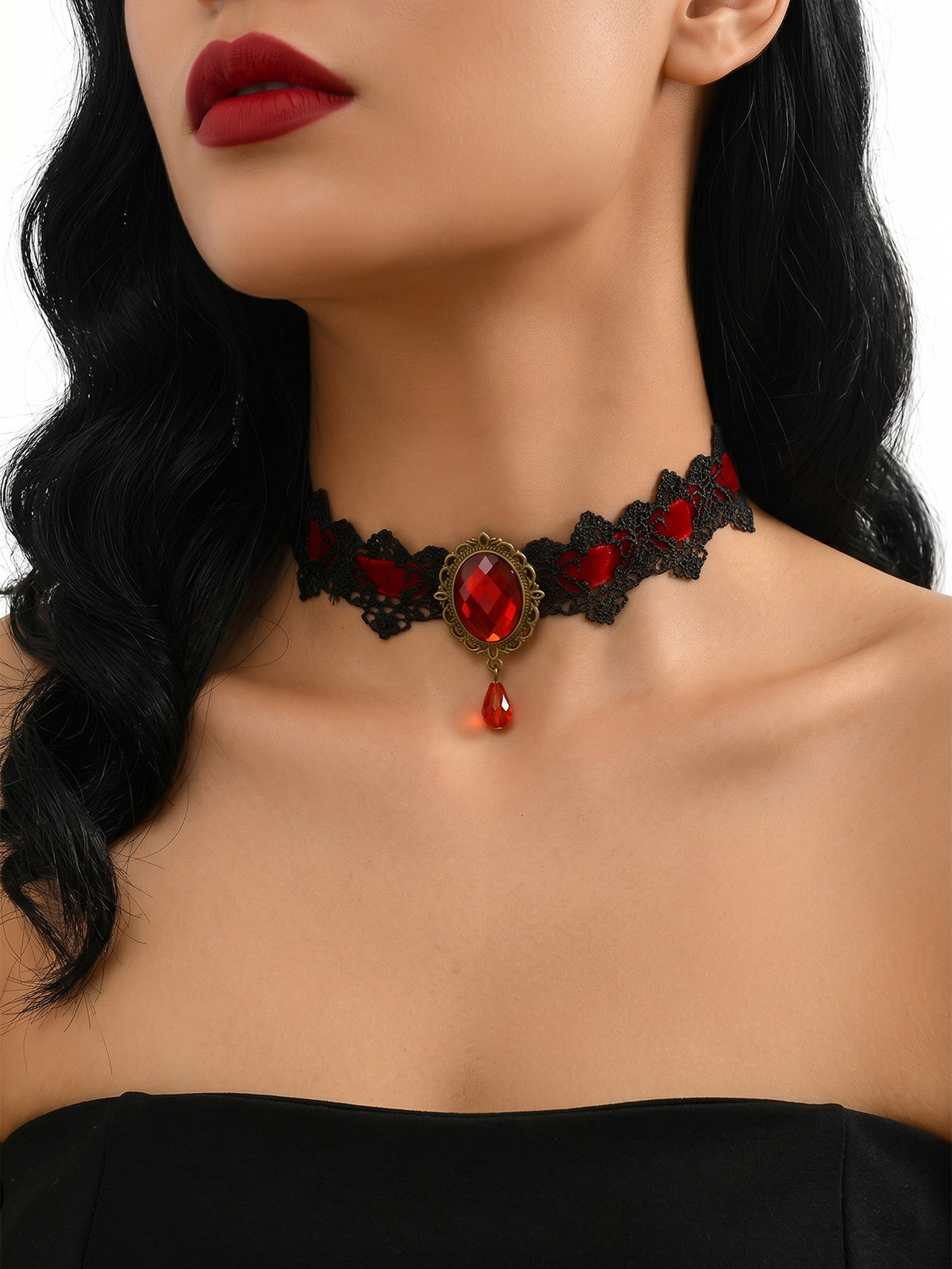 Red Gem Lace Choker with polyester fabric | N3004RED | image 2