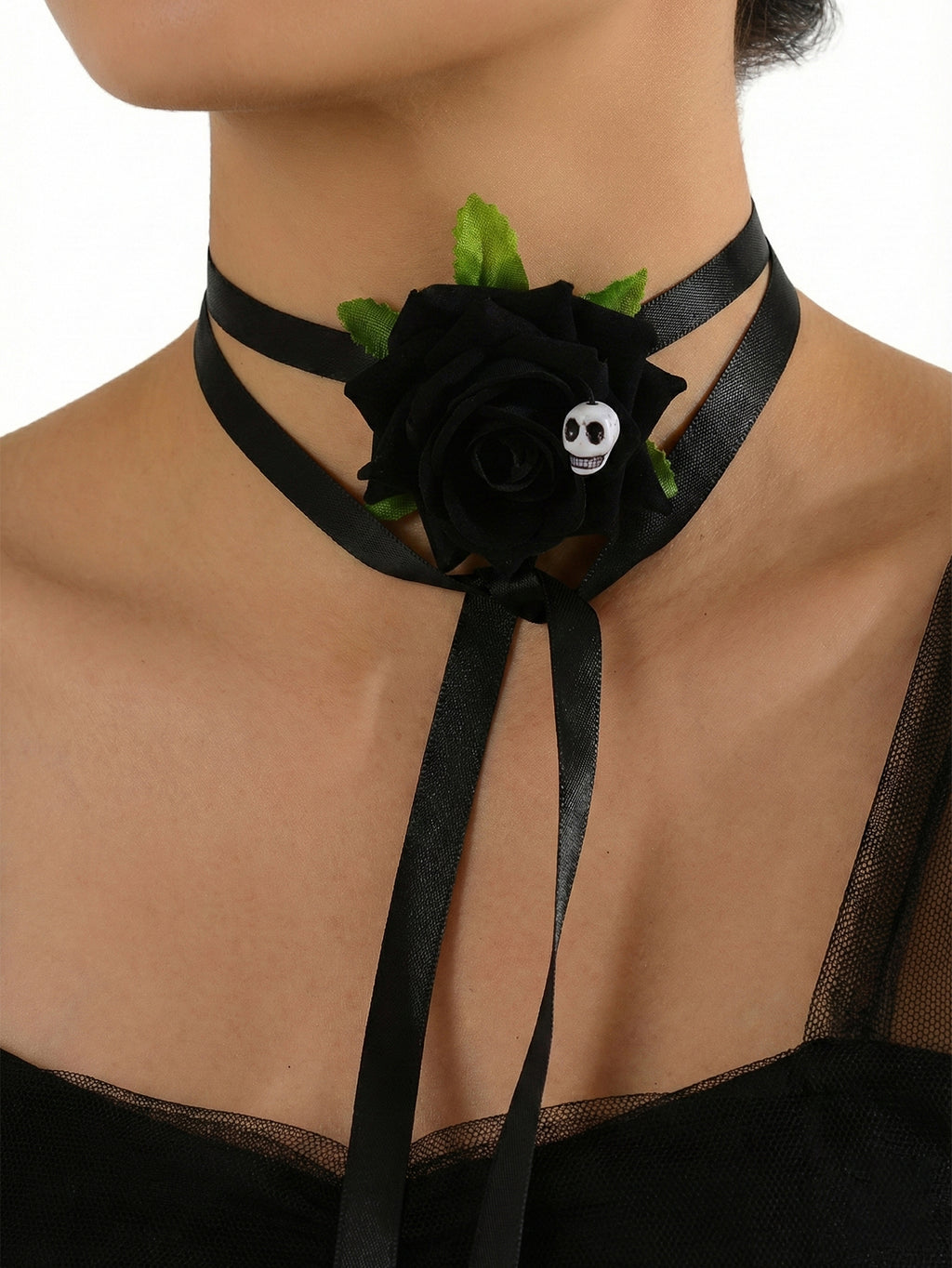 Black Rose Skull Ribbon Necklace with polyester fabric | NA708-01 | image 2