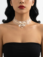 Beige Lace Bow Pearl Necklace with polyester fabric | NA866-01 | image 2