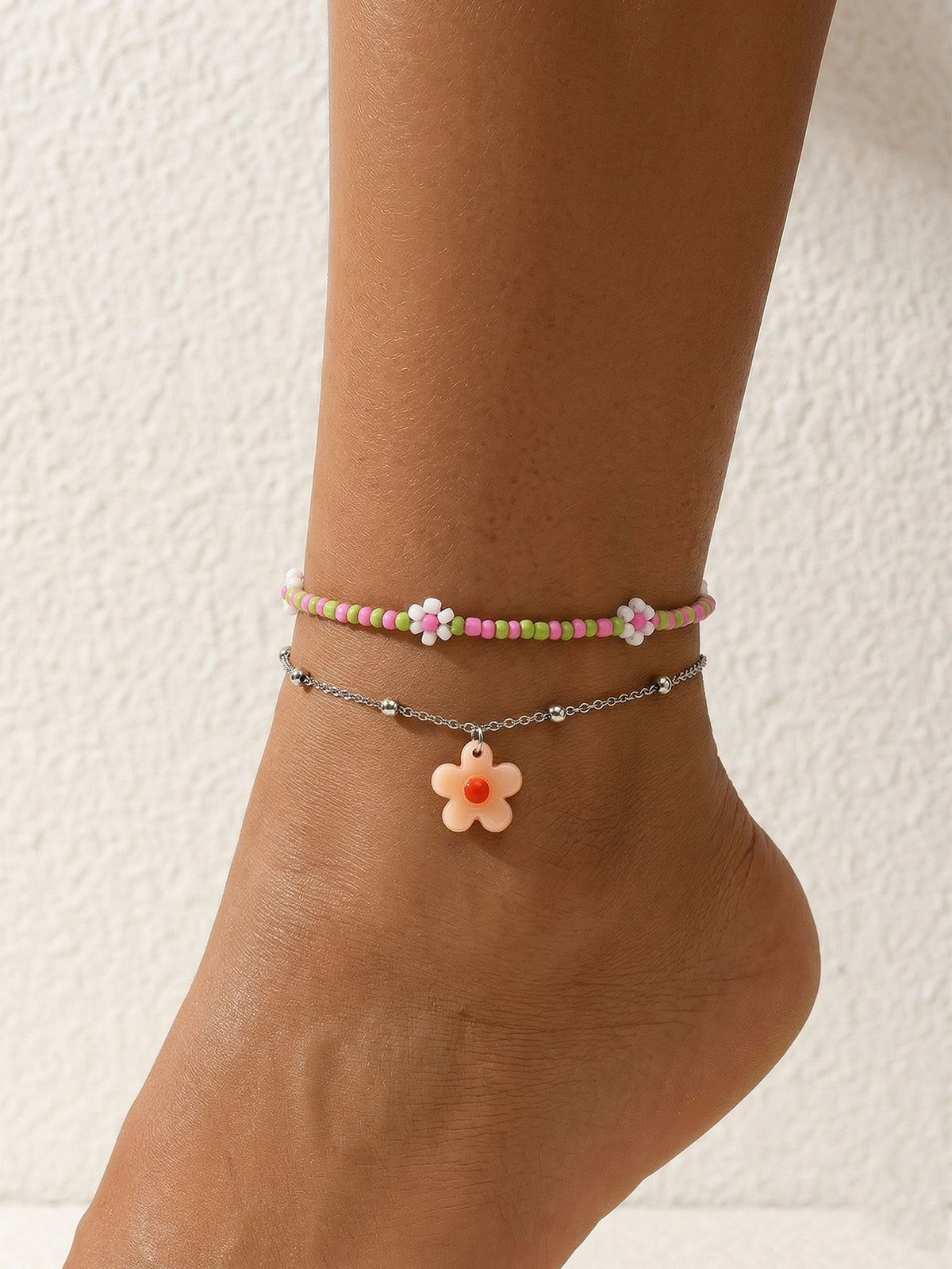 Pink Beaded Flower Anklet Set with plastic details | JL7253-01 | image 2