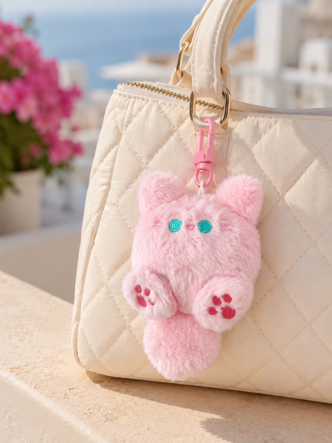 Pink plush cat keychain and backpack charm | KCA071-01 | image 2