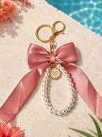 Pink bow keychain with faux pearl strand | KCA051-01 | image 2