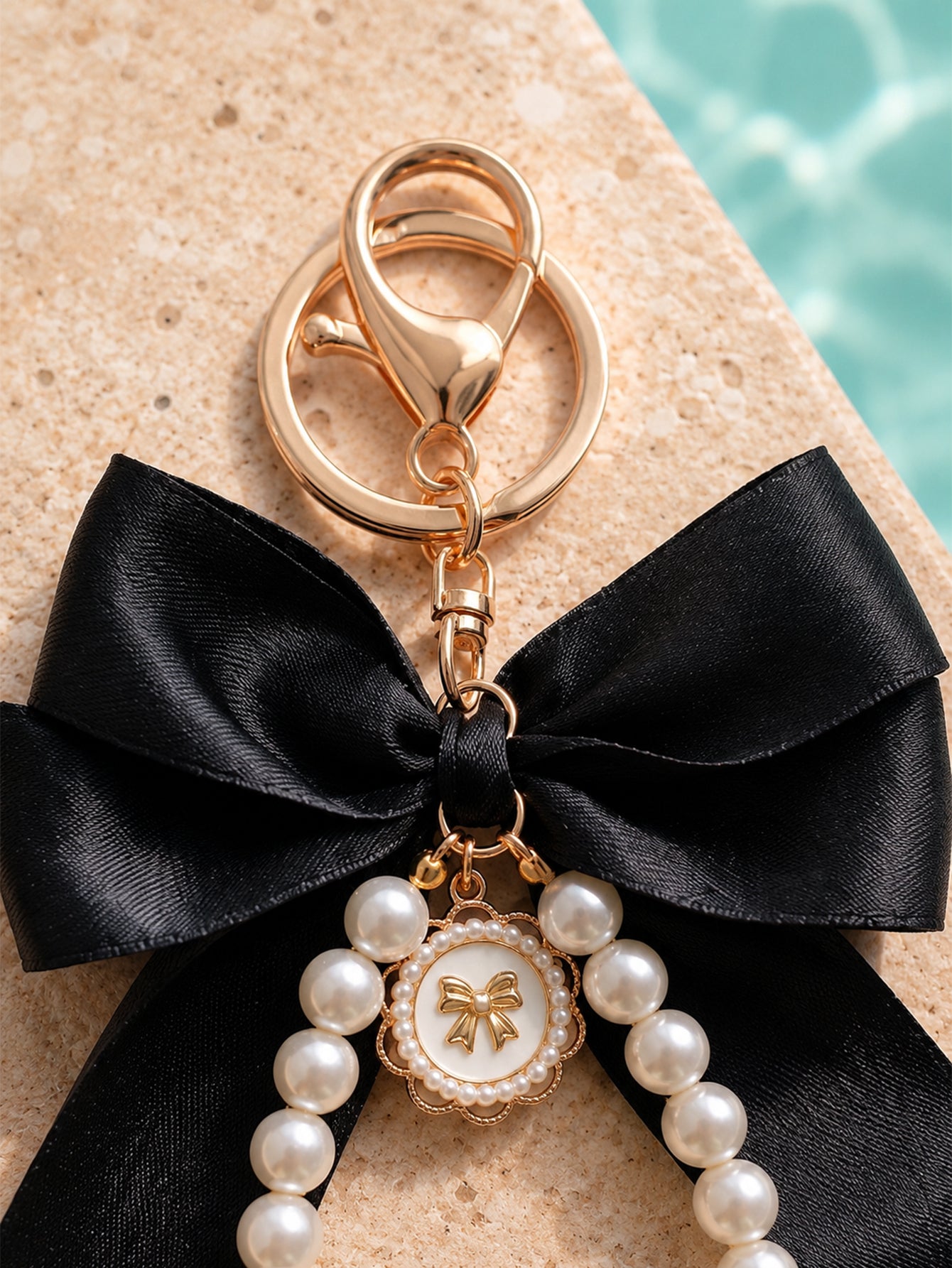 Black bow keychain with faux pearl strand | KCA051-04 | image 2