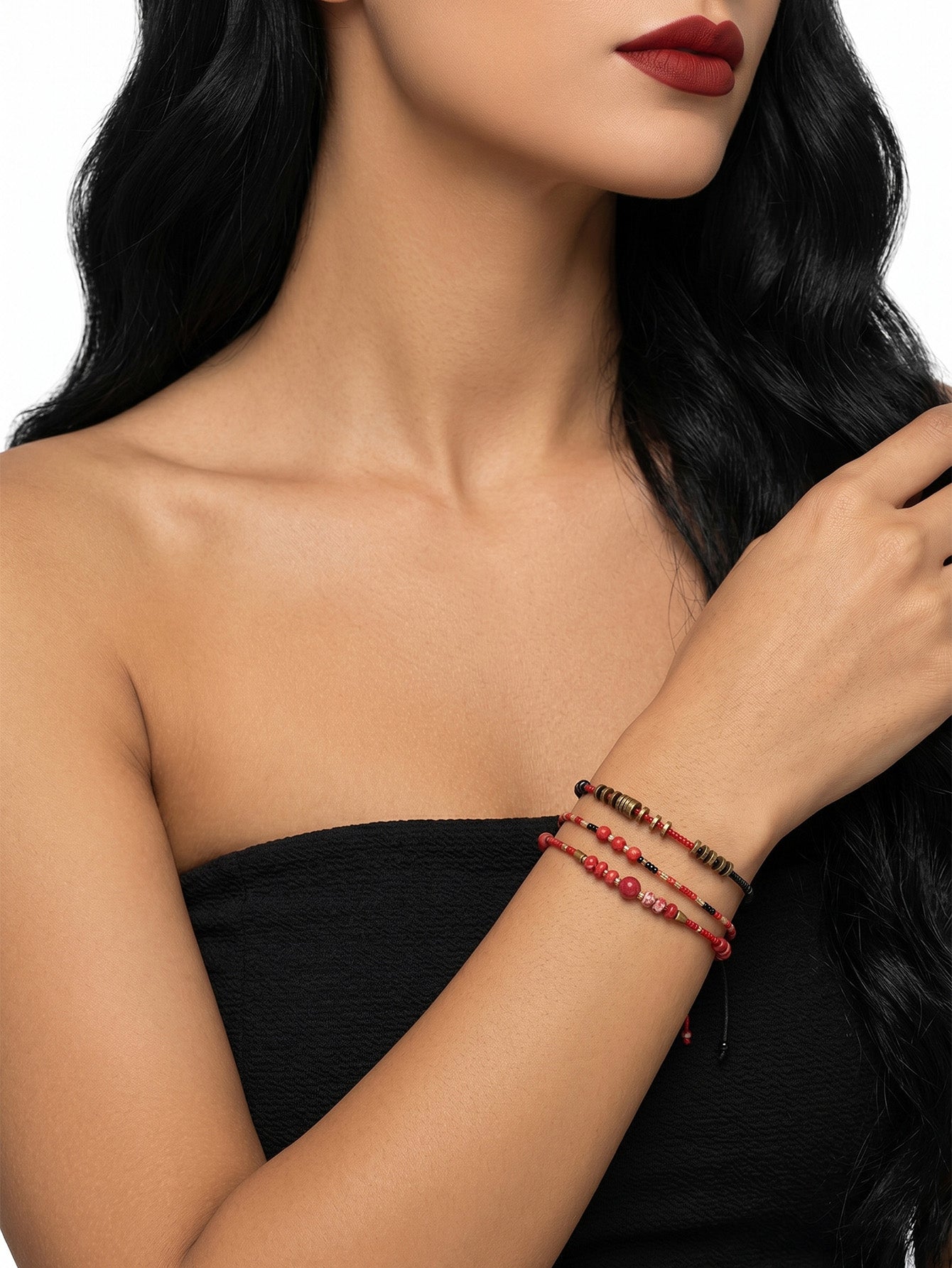 Red braided three-piece bracelet set with adjustable pull cords | BRA514-01 | image 2
