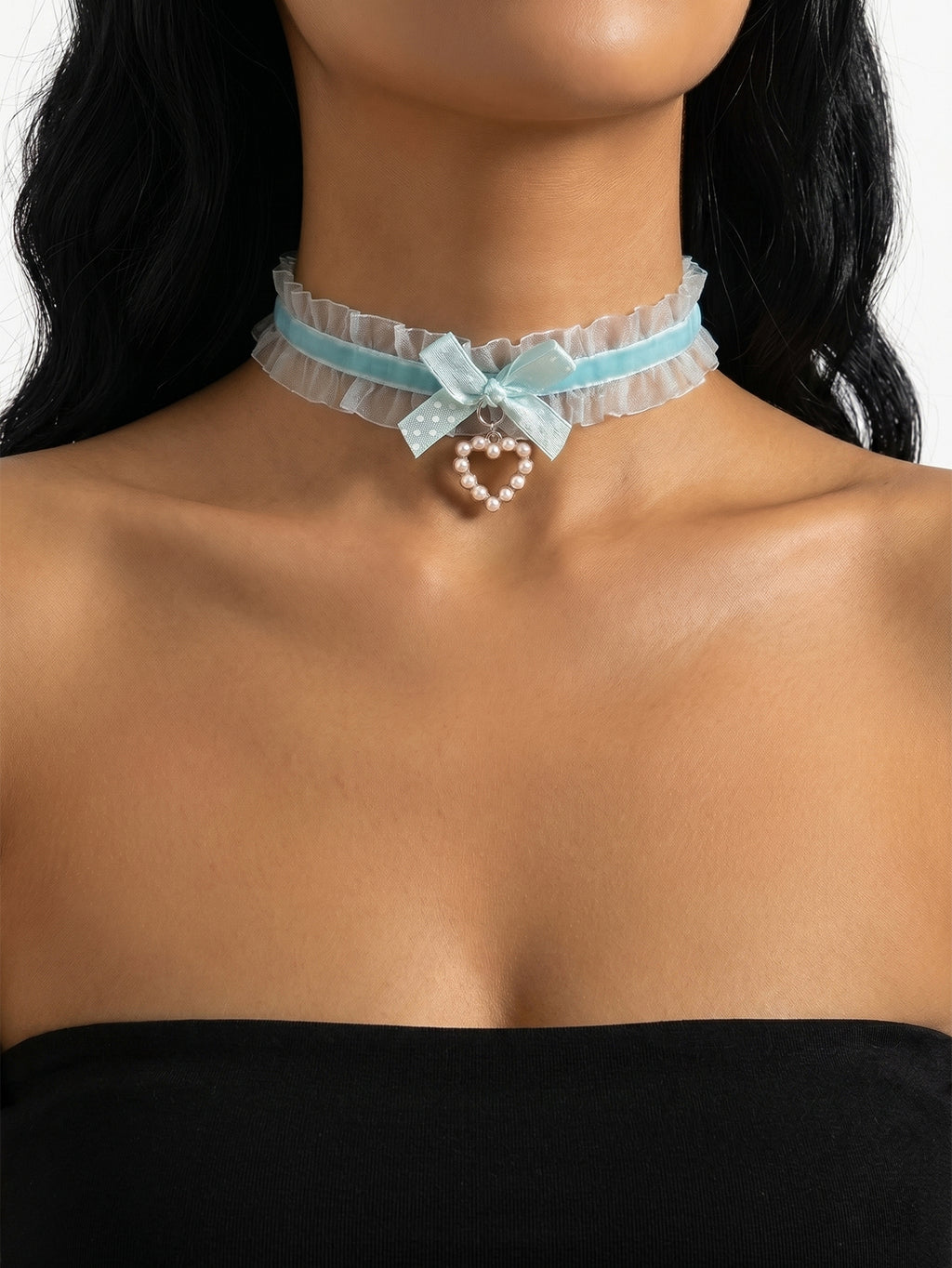 Blue Polka Dot Bow Pearl Necklace with polyester fabric | NA866-05 | image 2