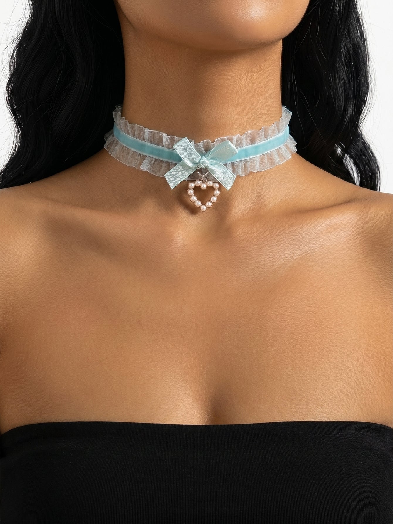 Blue Polka Dot Bow Pearl Necklace with polyester fabric | NA866-05 | image 2