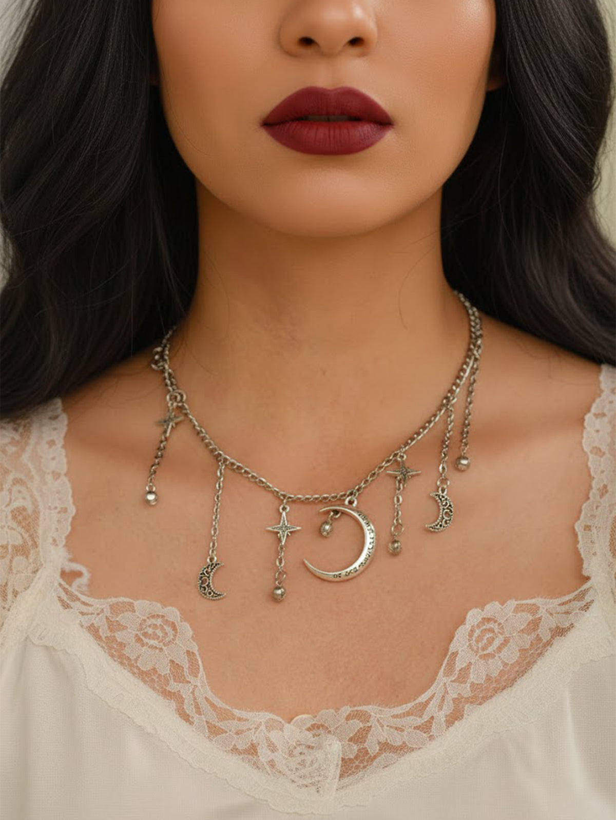 Silver-Tone Crescent Star Necklace with zinc-alloy hardware | NA474-06 | image 2