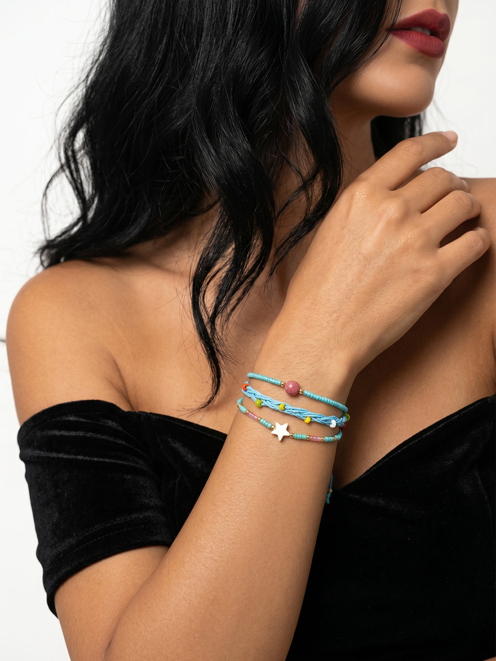 Blue braided three-piece bracelet set with adjustable pull cords | BRA582-01 | image 2