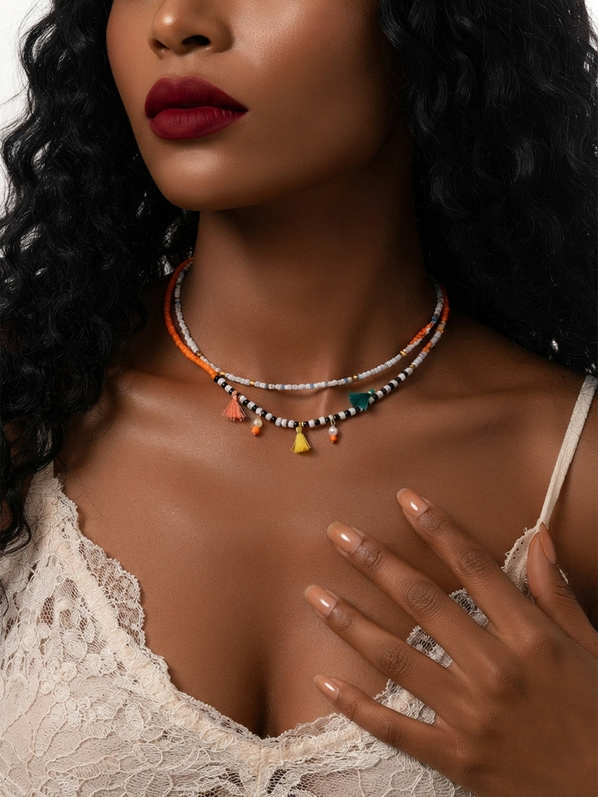 Colorful Bead Tassel Necklace Set with plastic components | NA570-01 | image 2