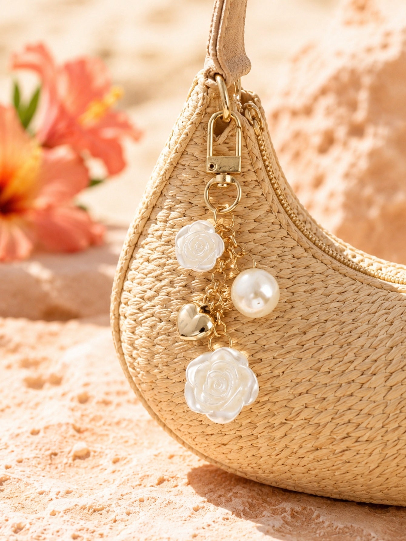 Gold-tone rose heart keychain with pearl accent | KCA074-01 | image 2