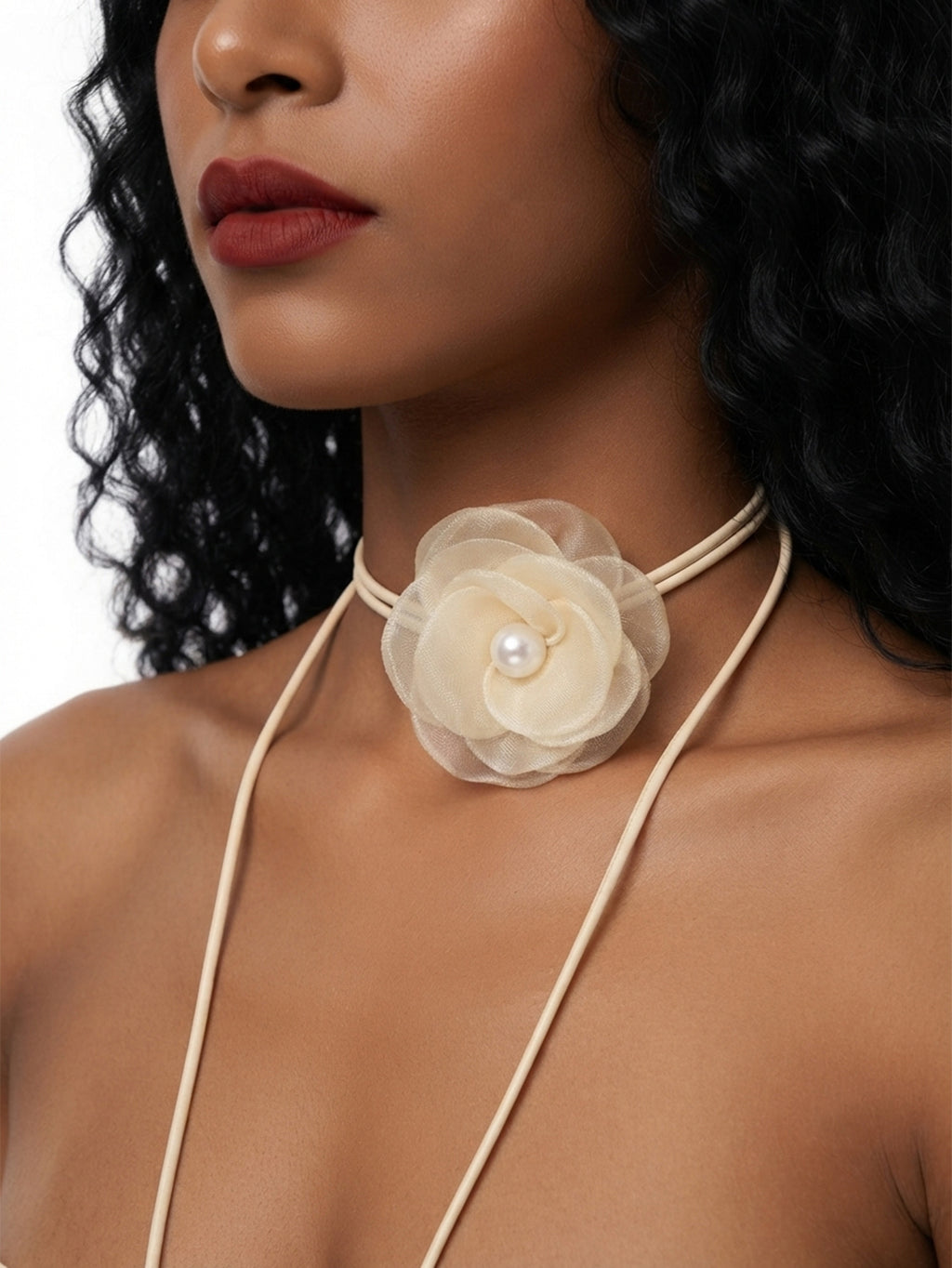 Beige Faux Pearl Flower Necklace with polyester fabric | NA637-11 | image 2