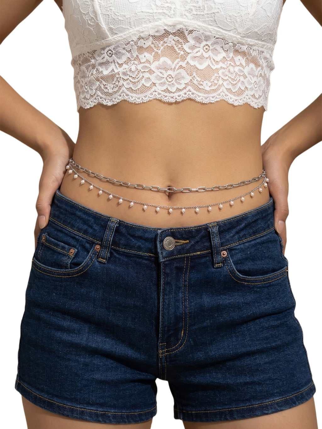 Silver-Tone Pearl Double-Layer Waist Chain with zinc-alloy details | BCN0242-02 | image 2
