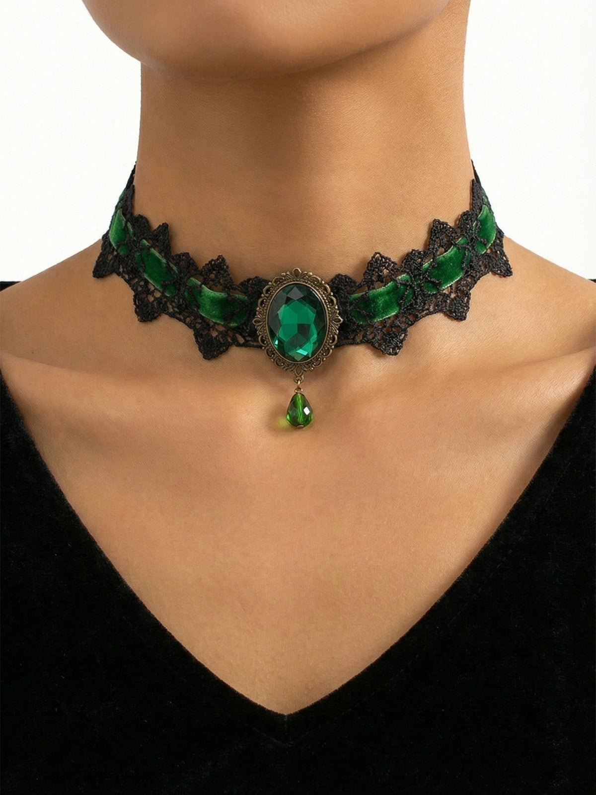 Green Lace Choker with lace and decorative accents | N3004GREEN | image 2