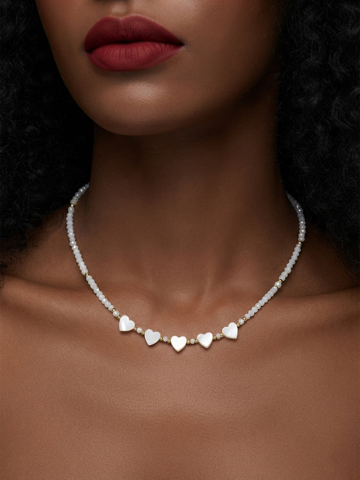 White Glass Bead Heart Necklace with glass details | NA595-01 | image 2