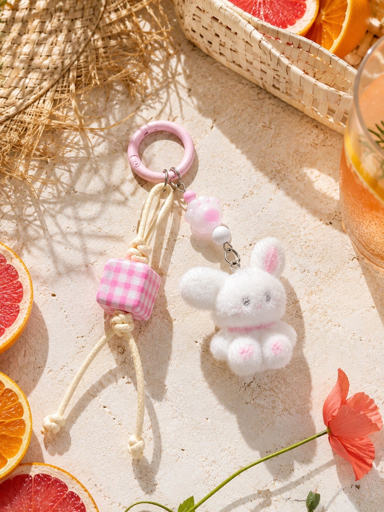 White flocked rabbit keychain and bag charm | KCA081-01 | image 2