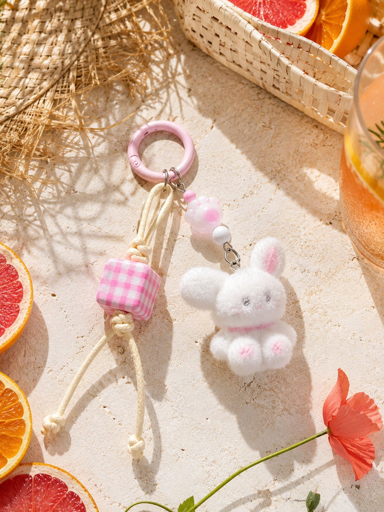 White flocked rabbit keychain and bag charm | KCA081-01 | image 2