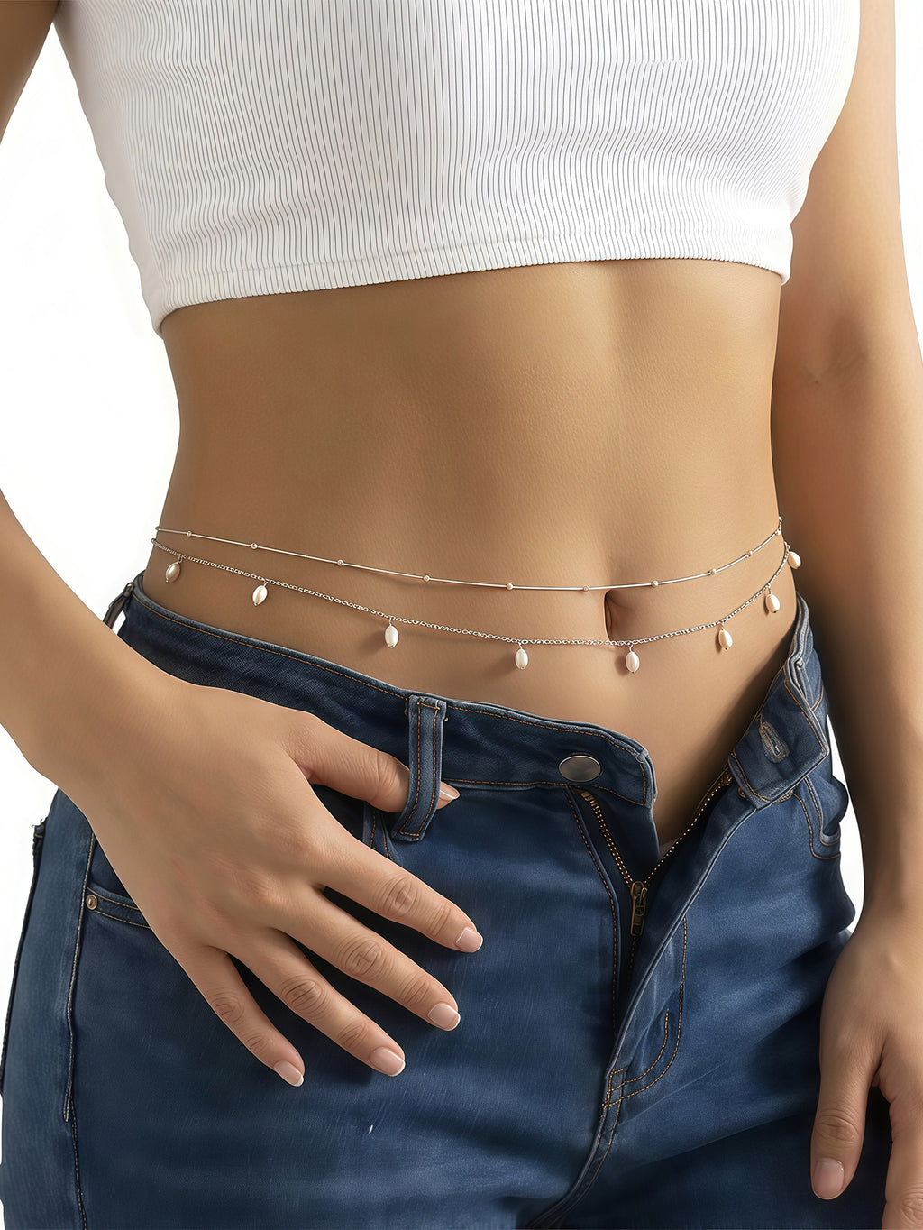 Silver-Tone Layered Pearl Waist Chain Set with iron-alloy details | BCN0807-02 | image 2