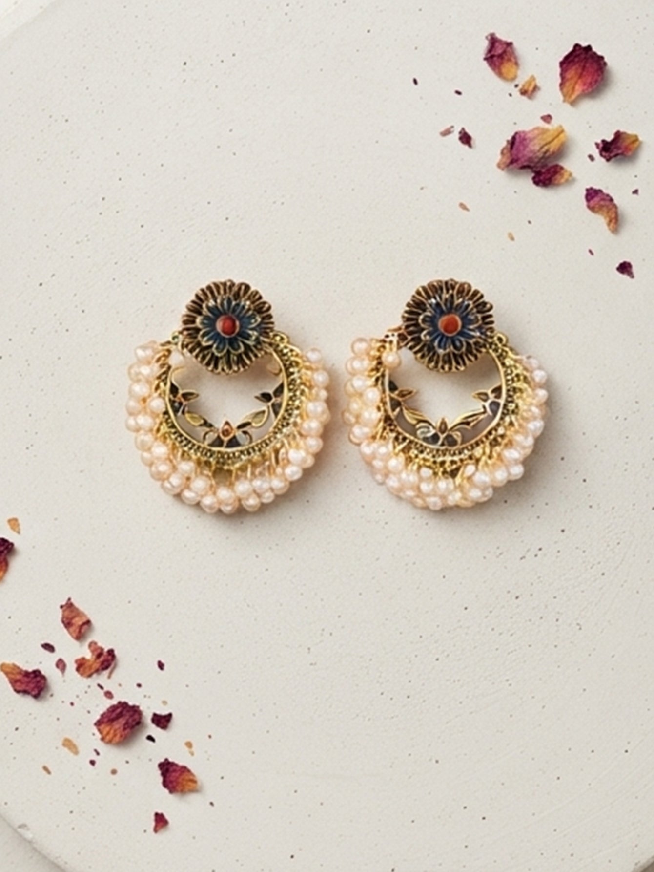 Geometric floral pearl statement earrings with vintage-inspired details | ERA621-01 | image 2