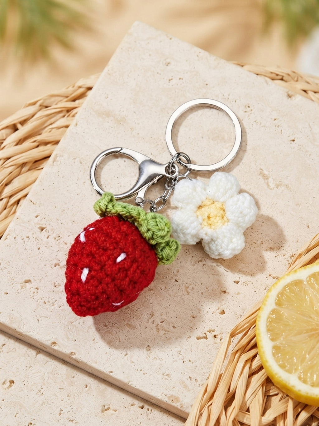 Handwoven strawberry flower keychain in red | KCA082-01 | image 2