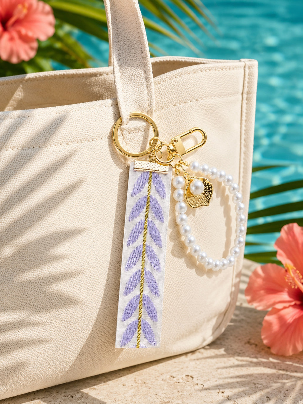Ribbon keychain with woven detail and faux pearls | KCA055-04 | image 2