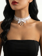 White Lace Bow Pearl Necklace with polyester fabric | NA866-04 | image 2