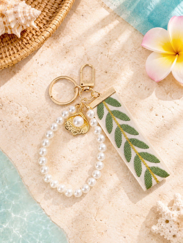Ribbon keychain with woven detail and faux pearls | KCA055-02 | image 2