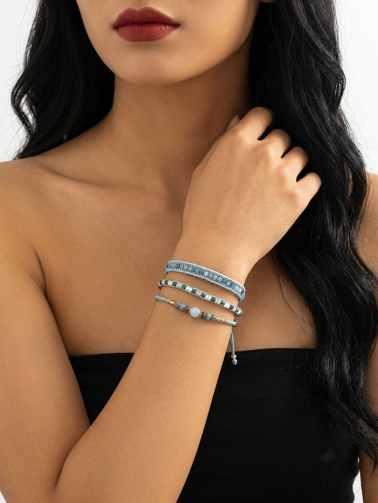 Blue braided three-piece bracelet set with adjustable pull cords | BRA567-01 | image 2