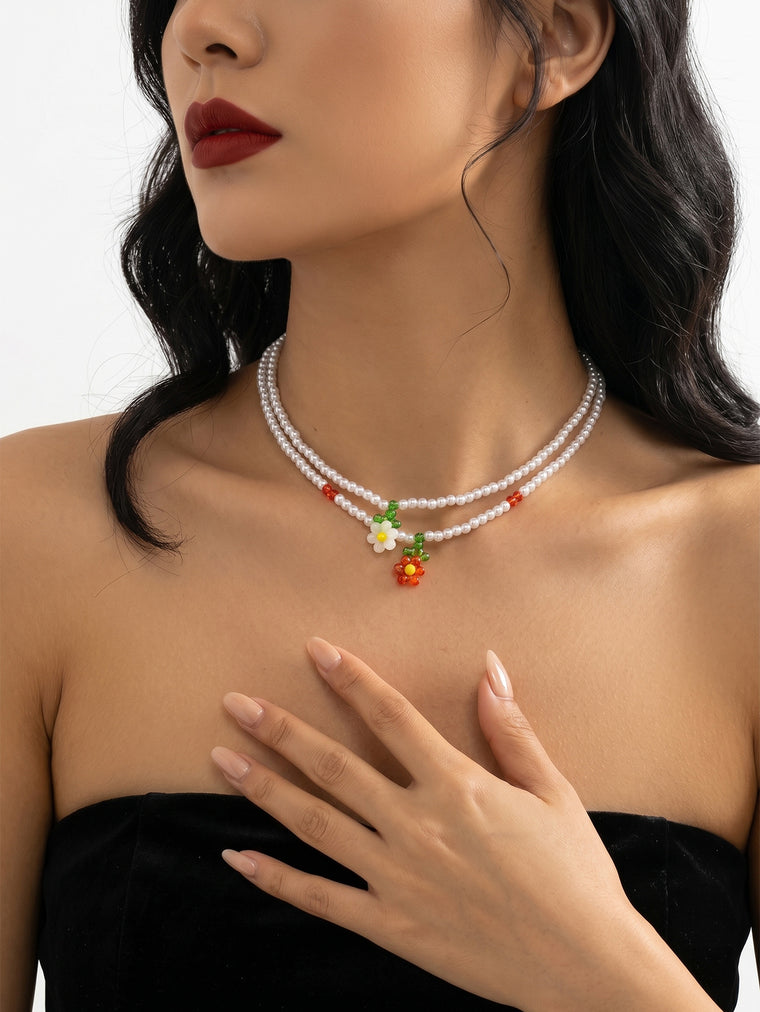 Yellow White Floral Faux Pearl Necklace Set with glass details | NA564-01 | image 2