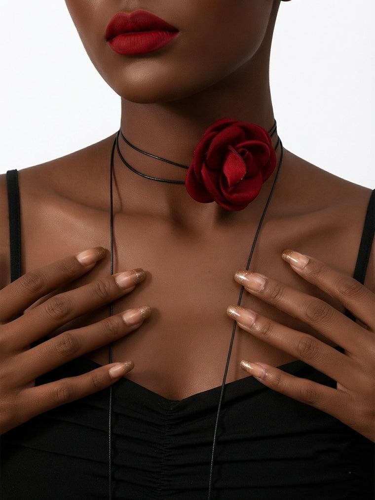 Red Flower Black Cord Necklace with polyester fabric | NA806-01 | image 2
