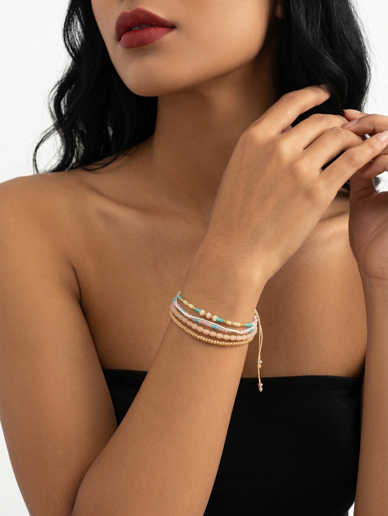 Beige braided three-piece bracelet set with adjustable pull cords | BRA586-01 | image 2