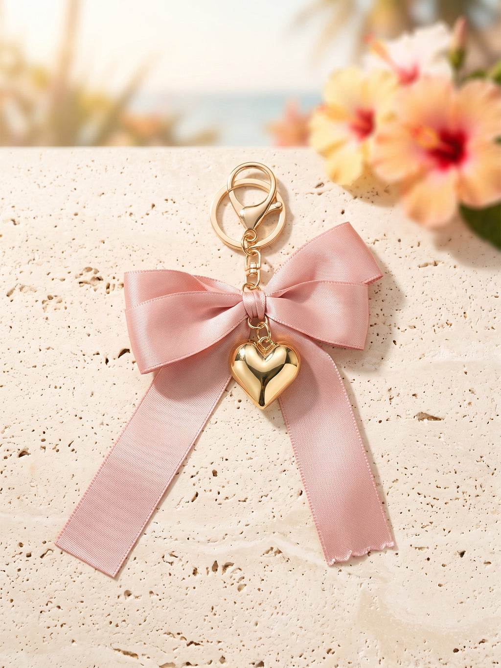 Pink bow keychain with heart-shaped accent | KCA051-06 | image 2