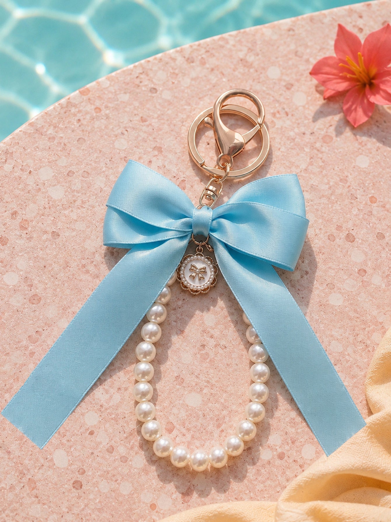Blue bow keychain with faux pearl strand | KCA051-03 | image 2