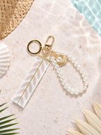 Ribbon keychain with woven detail and faux pearls | KCA055-01 | image 2