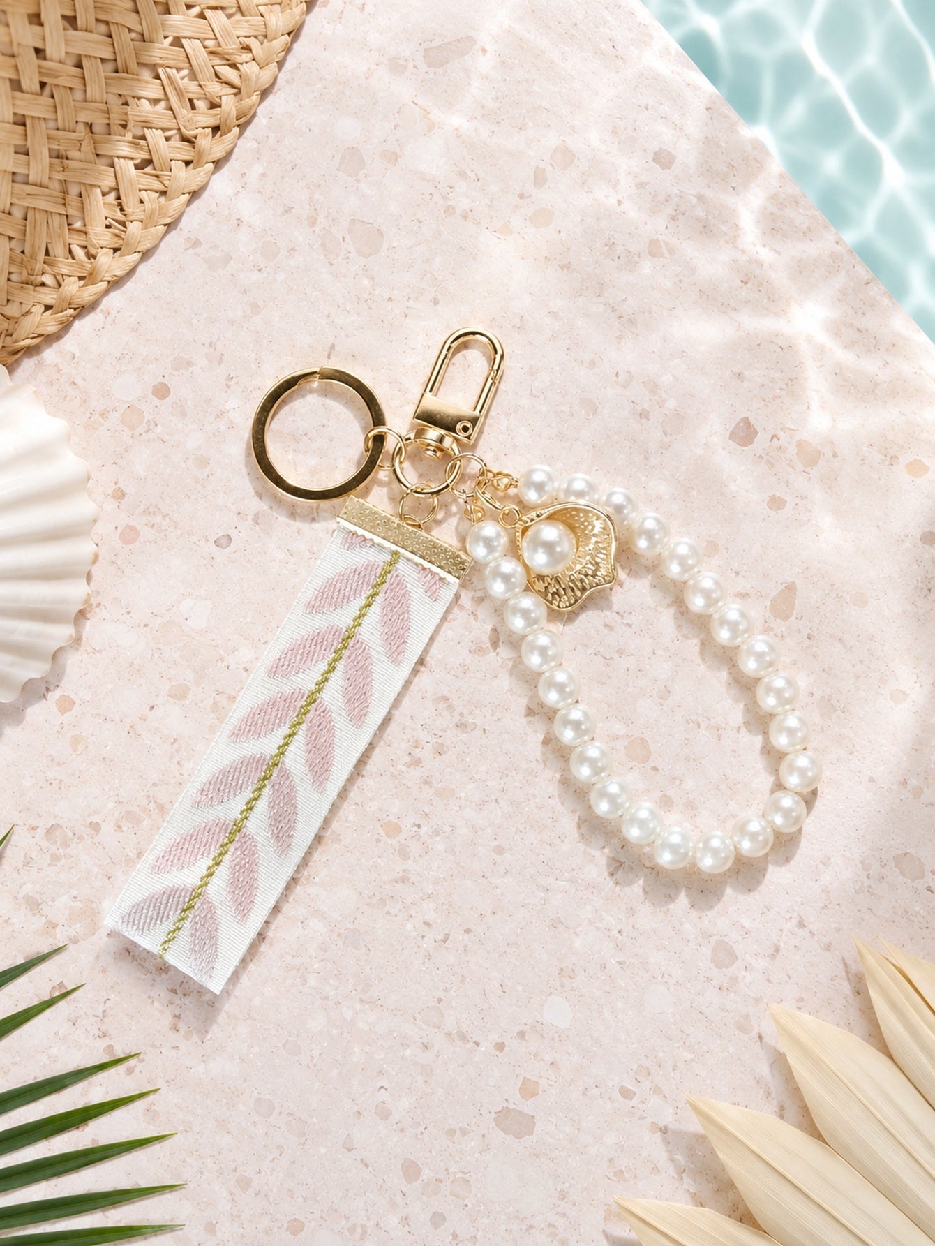 Ribbon keychain with woven detail and faux pearls | KCA055-01 | image 2