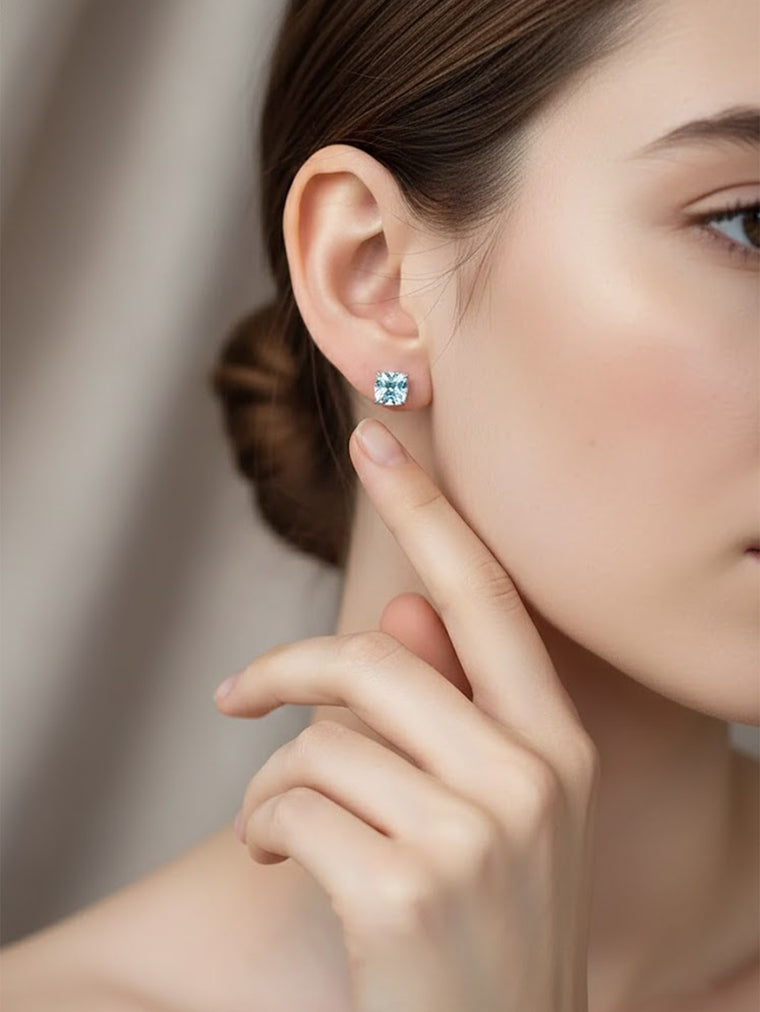 Blue square zircon stud earrings with copper setting | ERA640-01 | image 2
