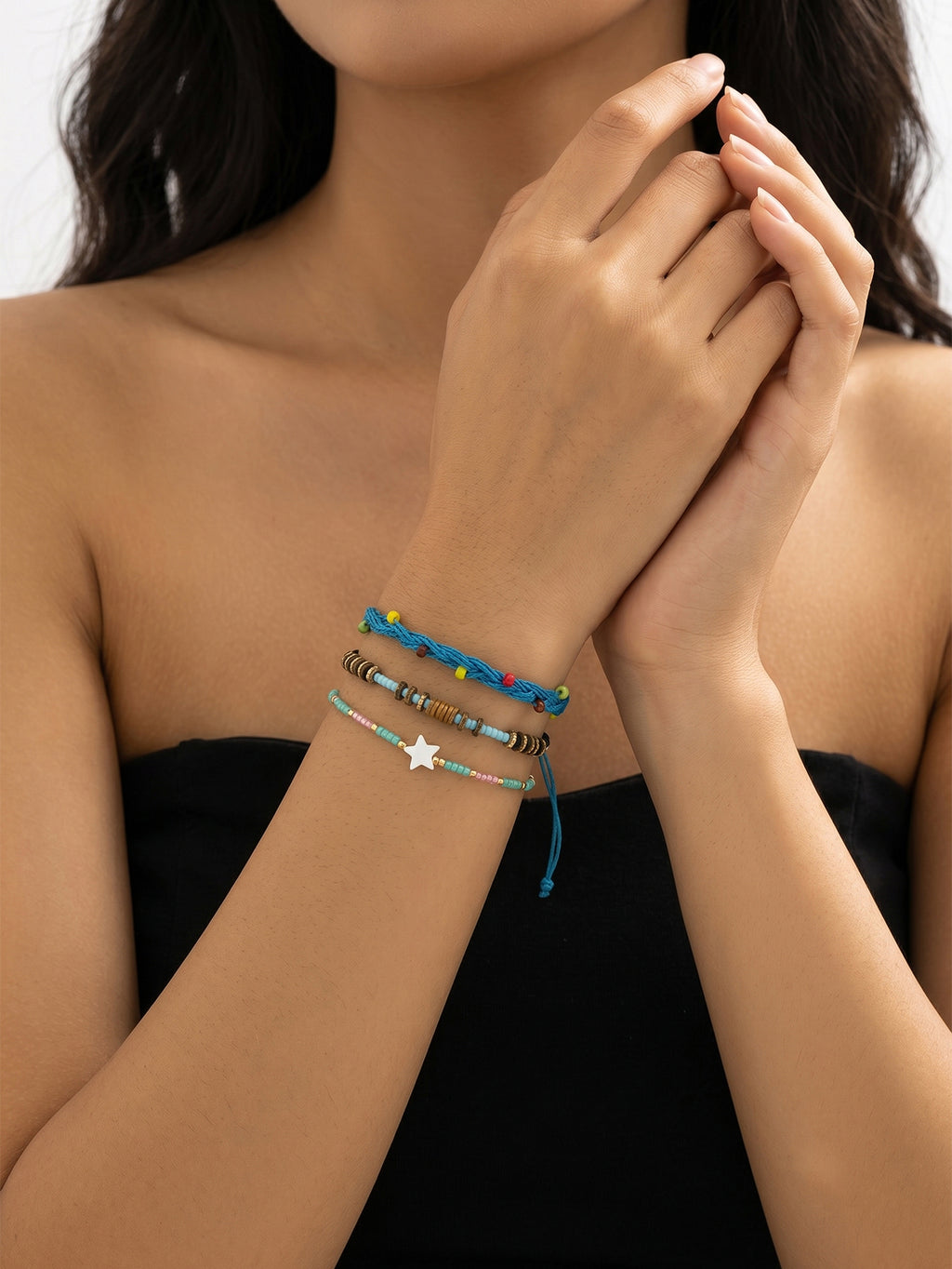 Blue braided three-piece bracelet set with adjustable pull cords | BRA571-01 | image 2