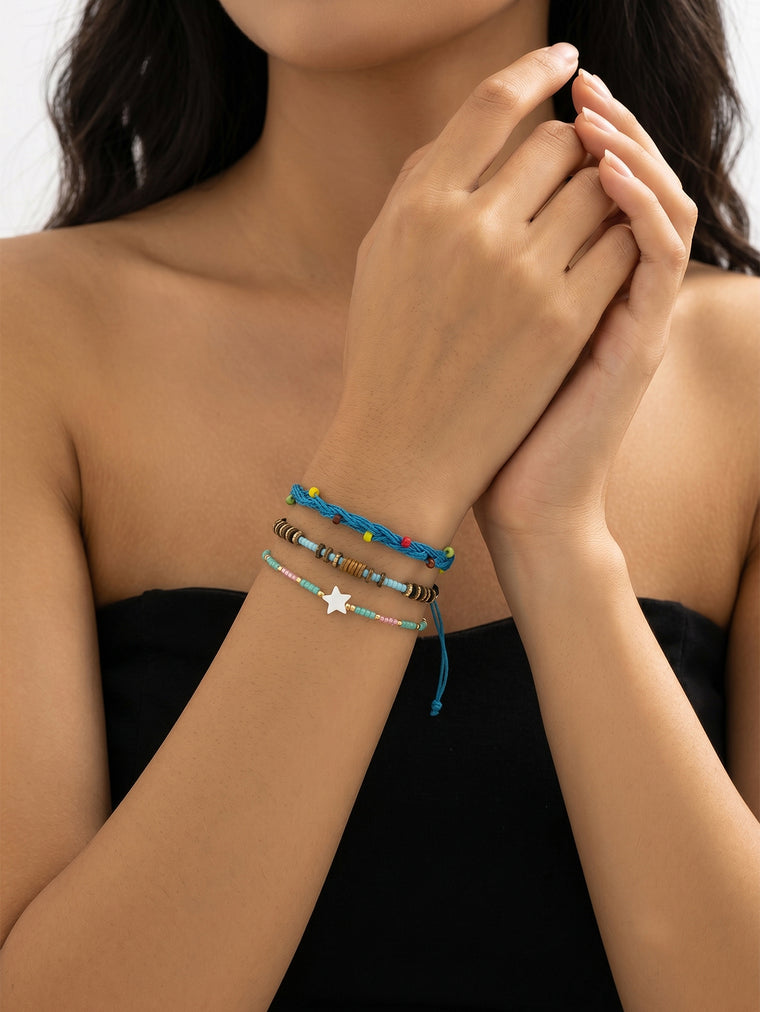 Blue braided three-piece bracelet set with adjustable pull cords | BRA571-01 | image 2
