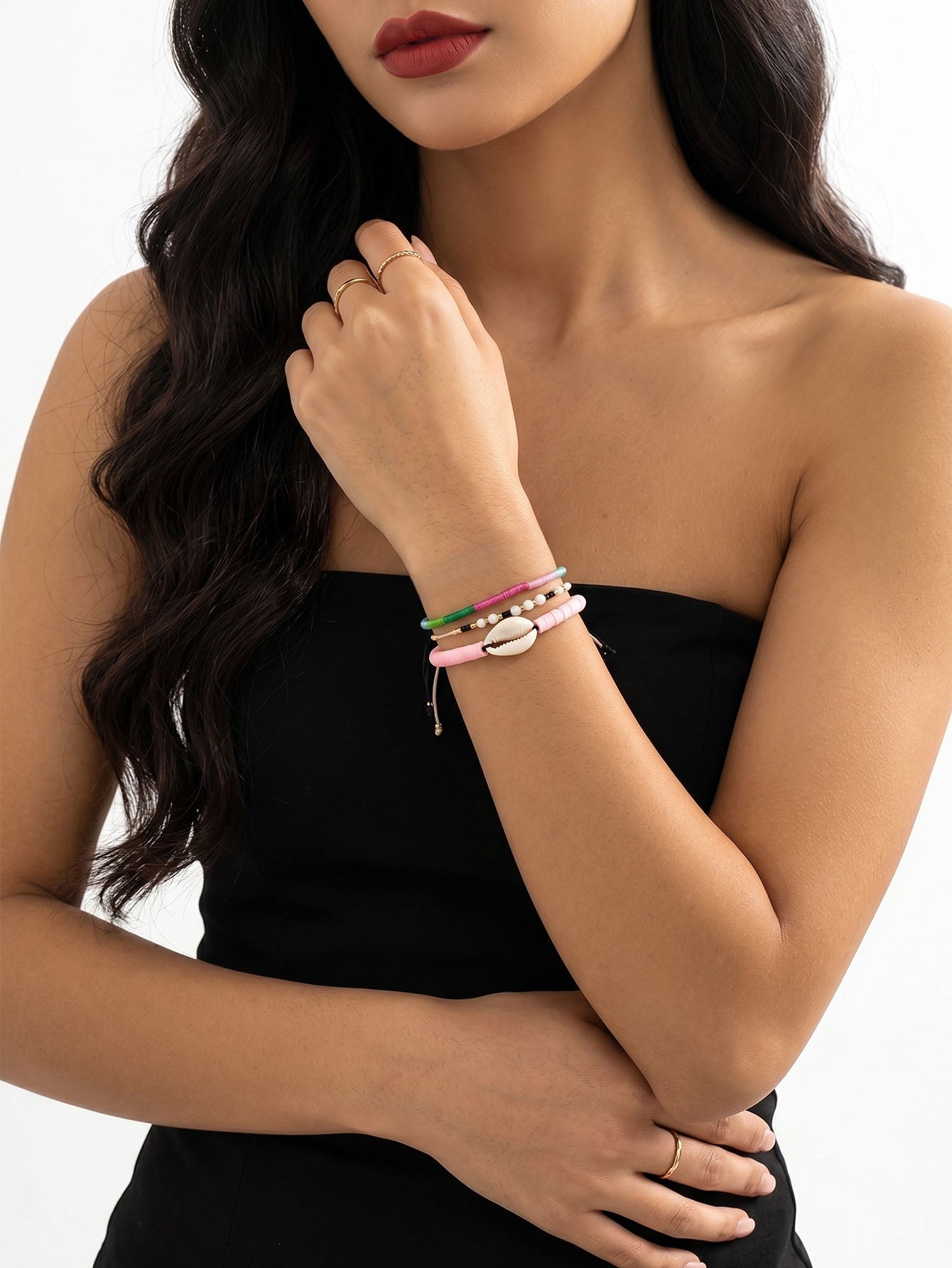 Pink braided three-piece bracelet set with adjustable pull cords | BRA564-01 | image 2