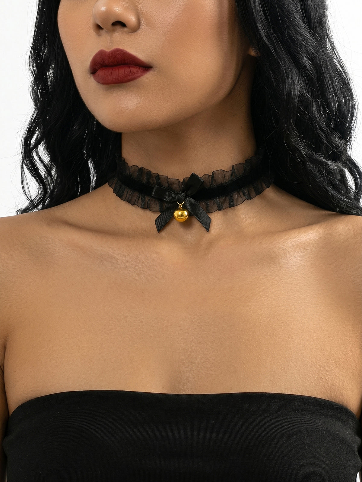 Black Lace Bow Bell Choker with polyester fabric | NA873-01 | image 2