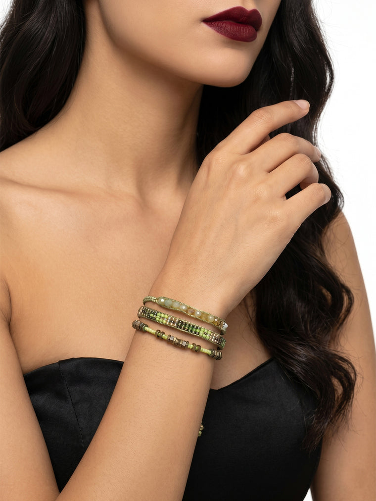 Green braided three-piece bracelet set with adjustable pull cords | BRA505-01 | image 2