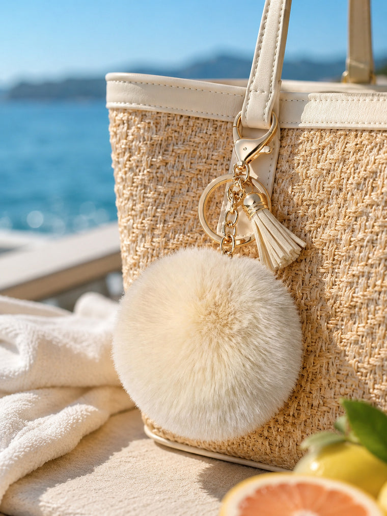 Beige pom-pom keychain with small tassel | KCA068-01 | image 2