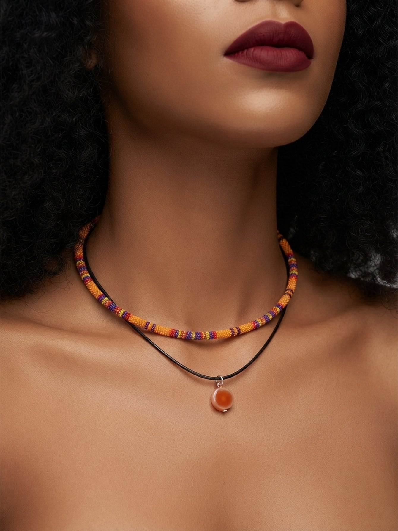Orange Double Layer Beaded Necklace with polyester fabric | NA262-04 | image 2
