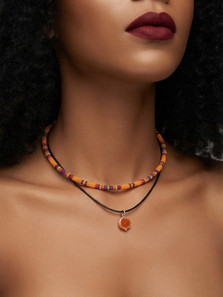 Orange Double Layer Beaded Necklace with polyester fabric | NA262-04 | image 2